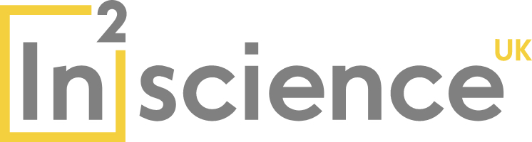 The In2ScienceUK logo. This is stylised with the word "In" in grey in a yellow box, a superscript "2" in grey as in the squared mathematical symbol, the word "science" in grey and the letters "UK" in yellow superscript.