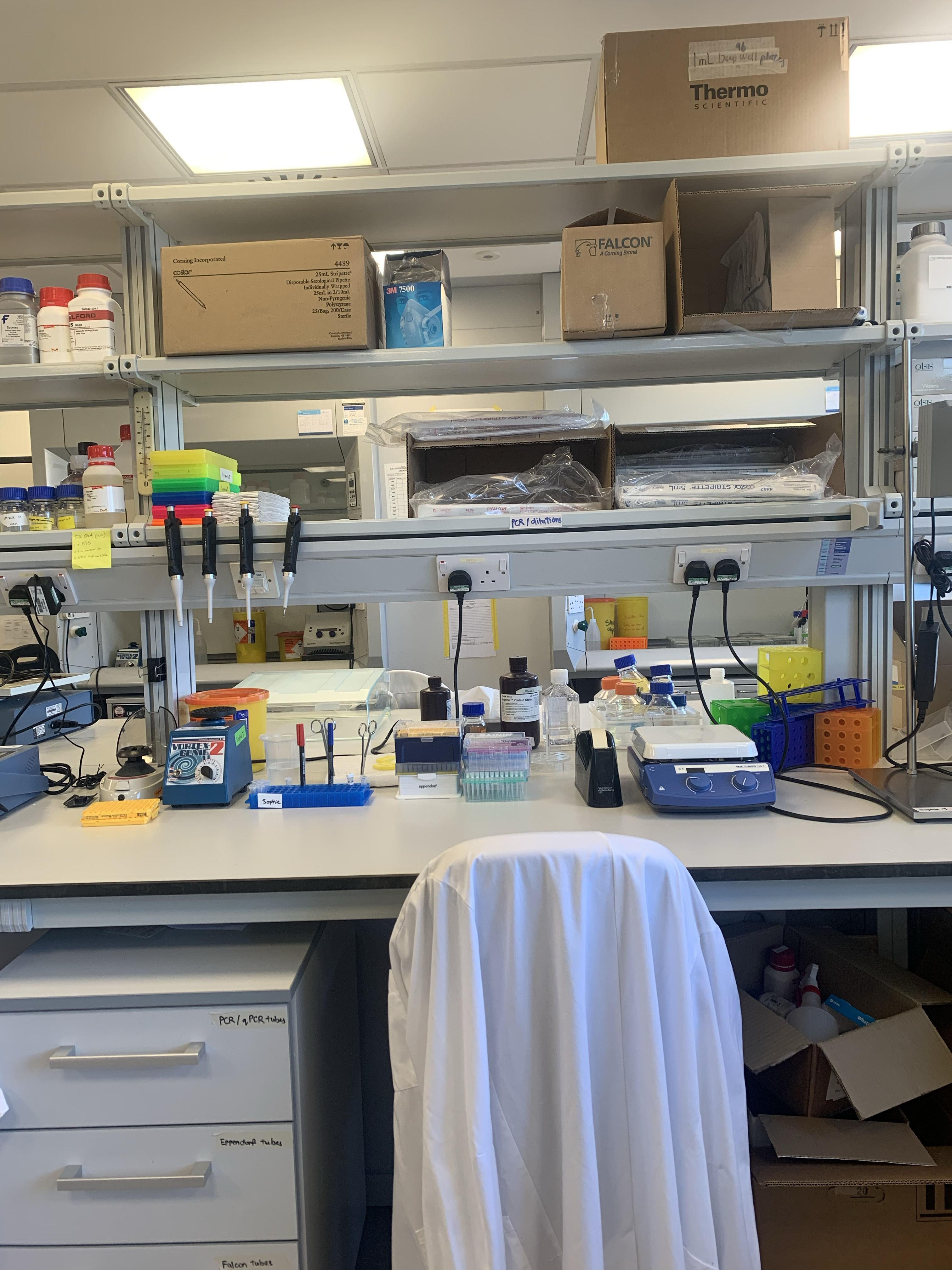 A neatly set up lab space with boxes, pipettes and a lab coat
