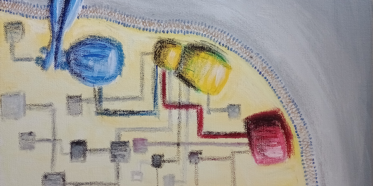 A section of a painting representing PI3K signalling by lead researcher, Tamara Chessa, interpreted in the context of the research findings described in Chessa et al. PI3K signalling is represented as an electric circuit, with the nodes representing proteins.