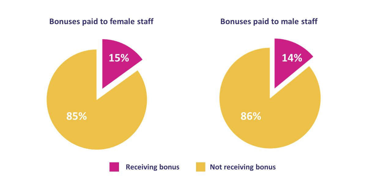 A comparison of pie charts showing bonuses paid to female staff and bonuses paid to male staff. The data presented shows that 15 % of female staff received bonuses in the reporting period compared to 14% of male staff.