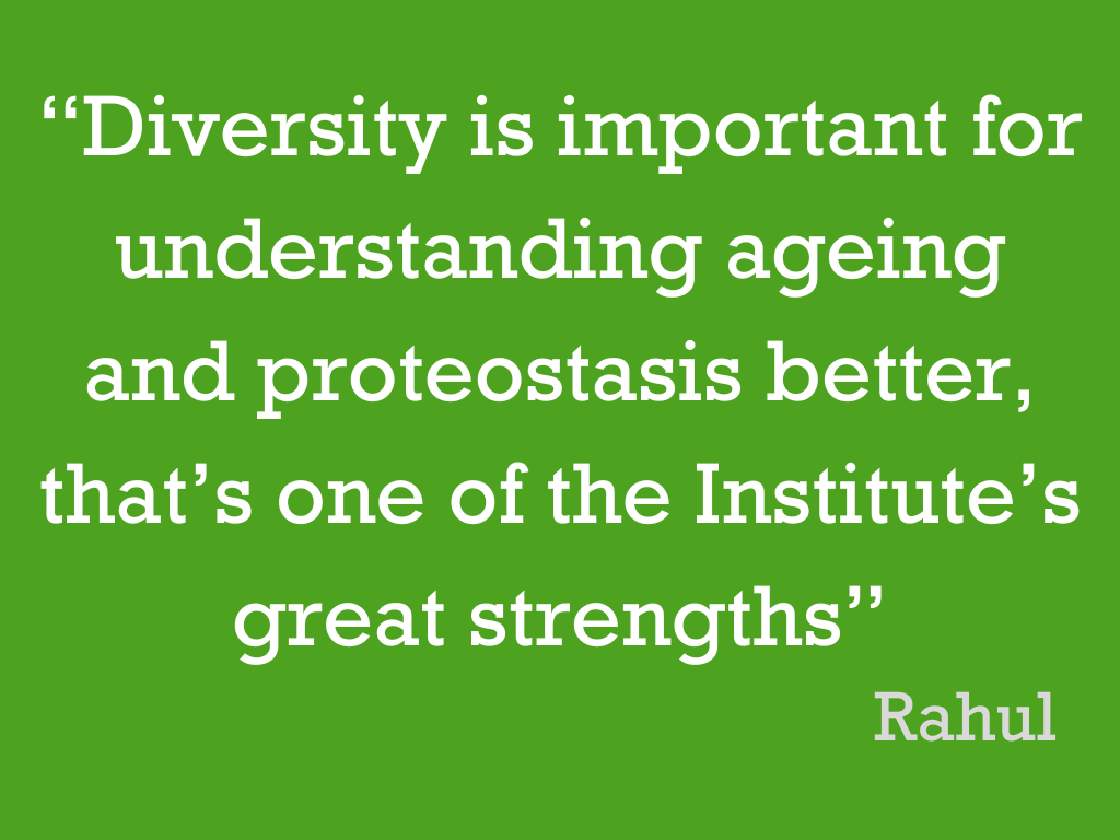 White text on a green background, reading: “Diversity is important for understanding ageing and proteostasis better, that’s one of the Institute’s great strengths”. Rahul.