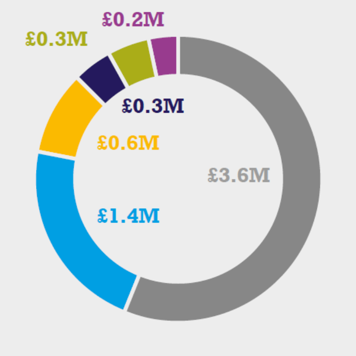 Pie chart of the value of UK grants awarded in 2023 which was £6.4M. £3.6M from the Wellcome Trust, £1.4M from BBSRC, £0.6M from MRC, £0.3M from UKRI, £0.3M from other sources, £0.2M from the Milner Therapeutics Institute.