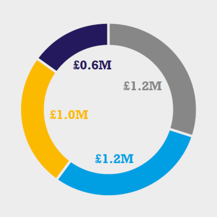 Pie chart of the value of UK grants awarded in 2024 which was £4M. £1.2M from BBSRC, £1.2M from MRC, £1M from the Milner Therapeutics Institute, £0.6M from Innovate UK.