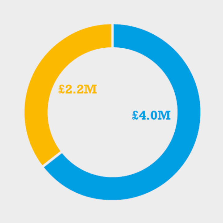 Pie chart of the value of all grants awarded in 2024 which was £6.2M in total. £4.0M from UK funders, £2.2M from international grants.