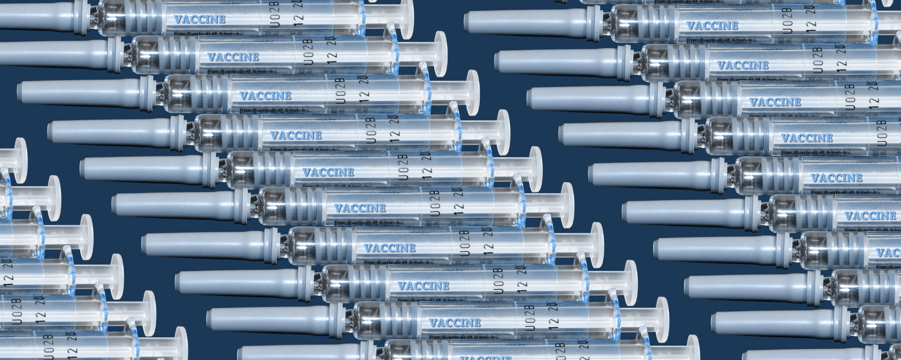 Rows of syringes labelled with 'vaccine'.