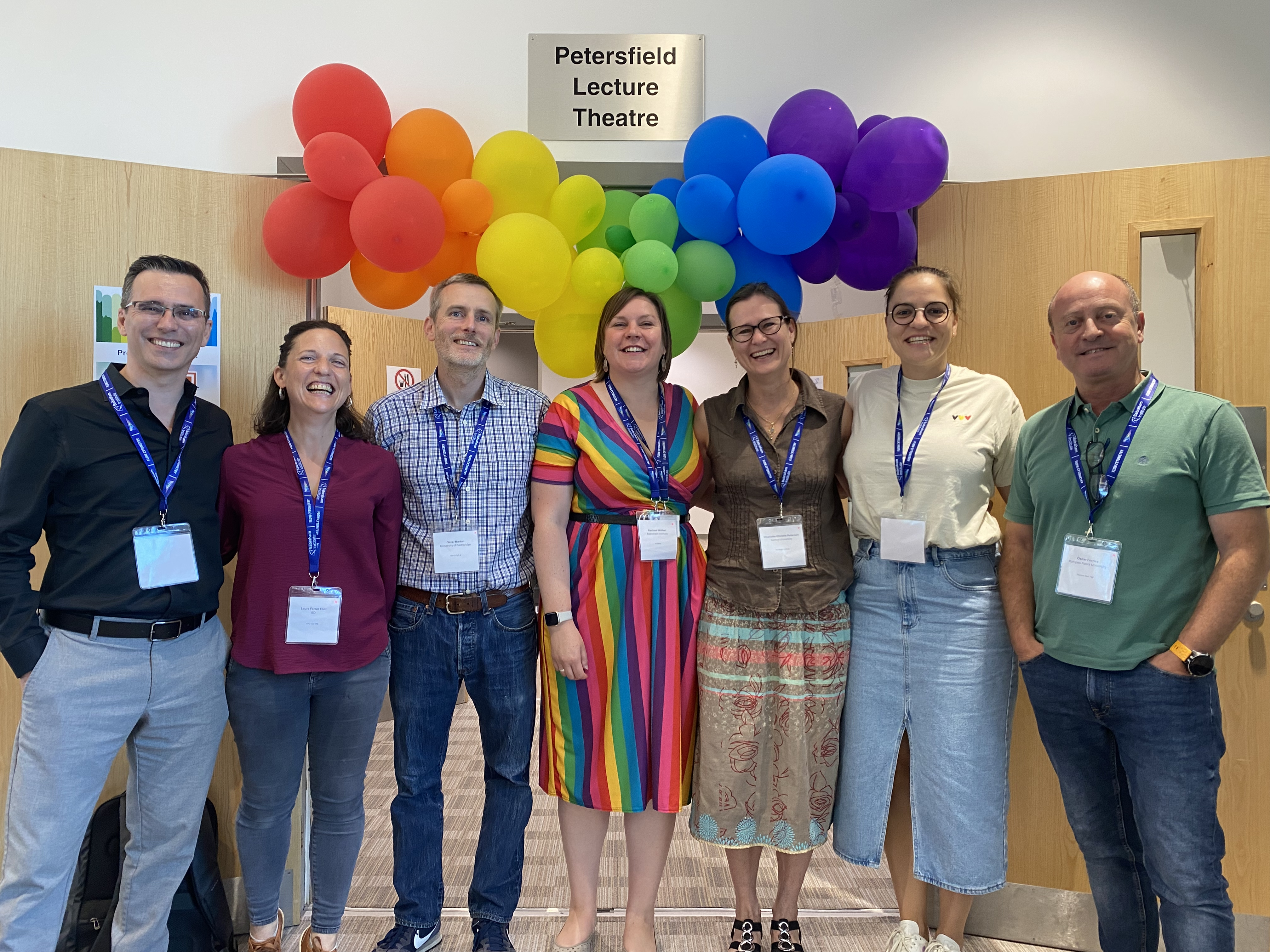 Symposium speakers underneath the rainbow balloon arch. From left to right: Rui Gardner, Laura Ferrer Font, Oliver Burton, Rachael Walker, Charlotte Christie Petersen, Katrien Quintelier and Òscar Fornas.