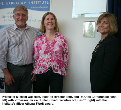Professor Michael Wakelam, Dr Anne Corcoran with Professor Jackie Hunter, BBSRC, with the Institute's silver Athena SWAN award