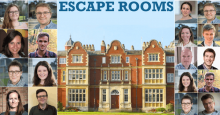 The words 'escape room' in capitals above Babraham Hall. This is surrounded by headshots of 18 researchers who were involved in the activity.